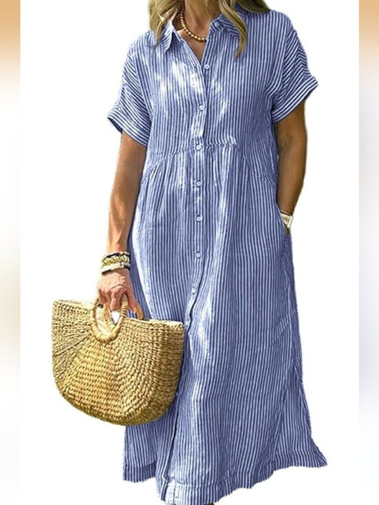 Dresses & Skirts - NWT Women's Summer Striped Midi Long Shirt Dress Casual Loose Short Sleeve Butto
